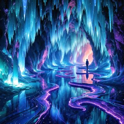The primary subject of the image is a person walking through a cave. The setting is a cave with a blue and purple color scheme, and the visual style is digital art. The person appears to be the main focus of the image, and the overall atmosphere is mysterious and captivating.